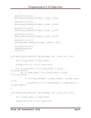 Programming in C of College days

int main()
{
    set_argument();
    draw_pattern();

     printf("nnn");
     system("pause");
     return 0;
}




M.Tech – CSE – Weekend (2012 – 2015)                    Page 67
 