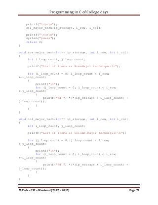 Programming in C of College days

void print_item(int* i_item)
{
     static int i_count = 1;

      printf("%d ", *i_item);

      if ((i_count%3)==0)
         printf("n");

      i_count++;
}




M.Tech – CSE – Weekend (2012 – 2015)                    Page 71
 