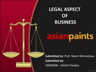 LEGAL ASPECT
OF
BUSINESS
Submitted to: Prof. Navin Shrivastava
Submitted by:
16DM046 - Ashish Pandey
 