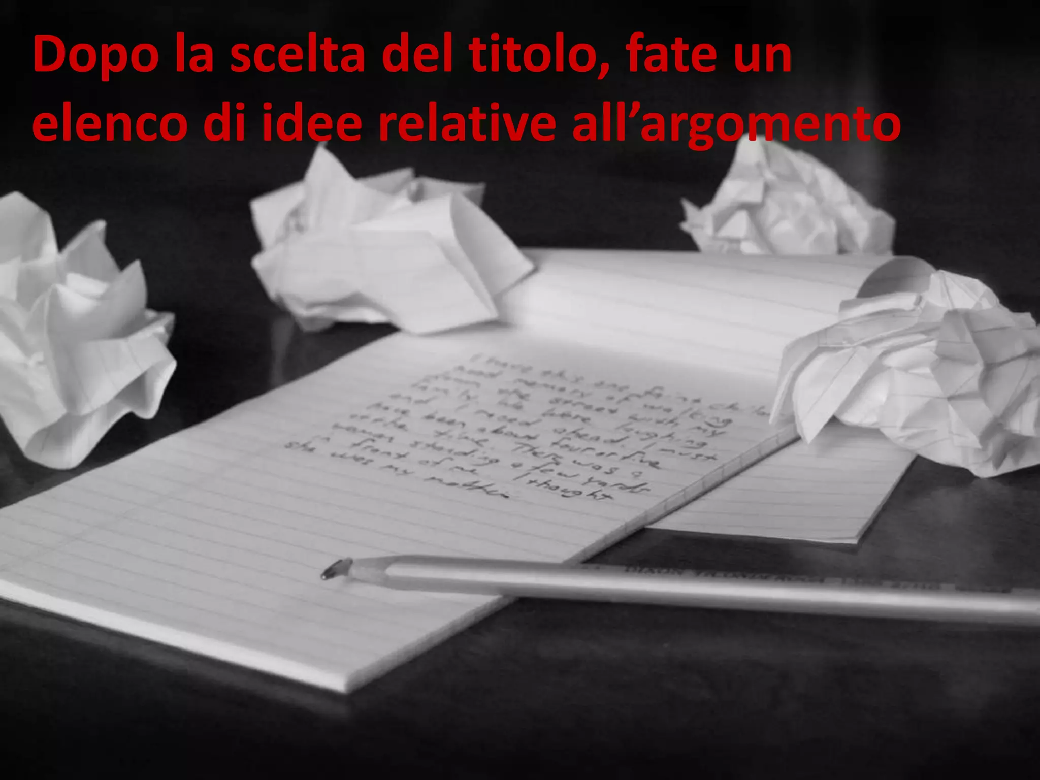 Dopo la scelta del titolo, fate un
elenco di idee relative all’argomento
 