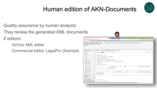 Human edition of AKN-Documents
Quality assurance by human analysts
They review the generated XML documents
2 editors:
Ad-hoc XML editor
Commercial editor: LegisPro (Xcential)
 