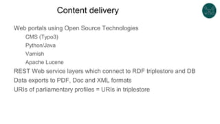 Content delivery
Web portals using Open Source Technologies
CMS (Typo3)
Python/Java
Varnish
Apache Lucene
REST Web service layers which connect to RDF triplestore and DB
Data exports to PDF, Doc and XML formats
URIs of parliamentary profiles = URIs in triplestore
 