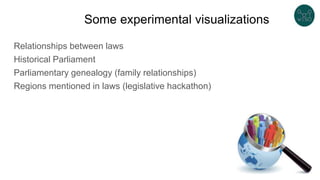 Some experimental visualizations
Relationships between laws
Historical Parliament
Parliamentary genealogy (family relationships)
Regions mentioned in laws (legislative hackathon)
 