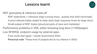 Lessons learnt
RDF granularity & inference trade-off
RDF statements + inference (high running times...queries that didn't terminate)
A priori inferred triples added to triple store (high response times for large docs)
Small subset of RDF triples (structural parts of docs and metadata)
Performance problems in XML editor browsing long docs (>1000pages)
Low SPARQL endpoint usage by external apps
If we could start again, I would recommend ShEx
Personal note: These kind of projects led to my interest in ShEx
 