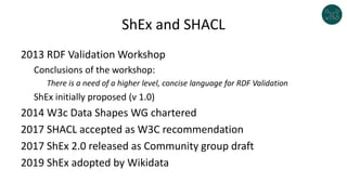ShEx and SHACL
2013 RDF Validation Workshop
Conclusions of the workshop:
There is a need of a higher level, concise language for RDF Validation
ShEx initially proposed (v 1.0)
2014 W3c Data Shapes WG chartered
2017 SHACL accepted as W3C recommendation
2017 ShEx 2.0 released as Community group draft
2019 ShEx adopted by Wikidata
 