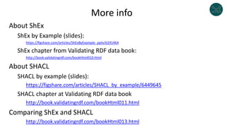 More info
About ShEx
ShEx by Example (slides):
https://figshare.com/articles/ShExByExample_pptx/6291464
ShEx chapter from ...