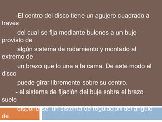-El centro del disco tiene un agujero cuadrado a
través
      del cual se fija mediante bulones a un buje
provisto de
      algún sistema de rodamiento y montado al
extremo de
      un brazo que lo une a la cama. De este modo el
disco
      puede girar libremente sobre su centro.
     - el sistema de fijación del buje sobre el brazo
suele
      disponerse un sistema de regulación del ángulo
de
 