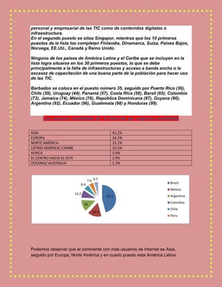 personal y empresarial de las TIC como de contenidos digitales o
infraestructura.
En el segundo puesto se sitúa Singapur, mientras que los 10 primeros
puestos de la lista los completan Finlandia, Dinamarca, Suiza, Países Bajos,
Noruega, EE.UU., Canadá y Reino Unido.

Ninguno de los países de América Latina y el Caribe que se incluyen en la
lista logra situarse en los 30 primeros puestos, lo que se debe
principalmente a la falta de infraestructuras y acceso a banda ancha o la
escasez de capacitación de una buena parte de la población para hacer uso
de las TIC.

Barbados se coloca en el puesto número 35, seguido por Puerto Rico (36),
Chile (39), Uruguay (44), Panamá (57), Costa Rica (58), Barsil (65), Colombia
(73), Jamaica (74), México (76), República Dominicana (87), Guyana (90),
Argentina (92), Ecuador (96), Guatemala (98) y Honduras (99).


      Los usuarios mundiales de la internet por regiones mundiales


ASIA                                            42.2%
EUROPA                                          24.1%
NORTE AMÉRICA                                   15.1%
LATINO AMÉRICA/ CARIBE                          10.5%
AFRICA                                          3.9%
EL CENTRO HACIA EL ESTE                         2.9%
OCEANIA/ AUSTRALIA                              1.2%



                                   7.6 6.7
                             8.4                                     Brazil
                                                                     Mexico
                          13.2
                                             67.5                    Argentina
                                                                     Colombia
                                 20
                                                                     Chile
                                      23.9
                                                                     Peru




Podemos observar que el continente con más usuarios de Internet es Asia,
seguido por Europa, Norte América y en cuarto puesto esta América Latina.
 