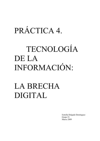 PRÁCTICA 4.
TECNOLOGÍA
DE LA
INFORMACIÓN:
LA BRECHA
DIGITAL
Estrella Delgado Domínguez
Grupo 51
Marzo 2009
 