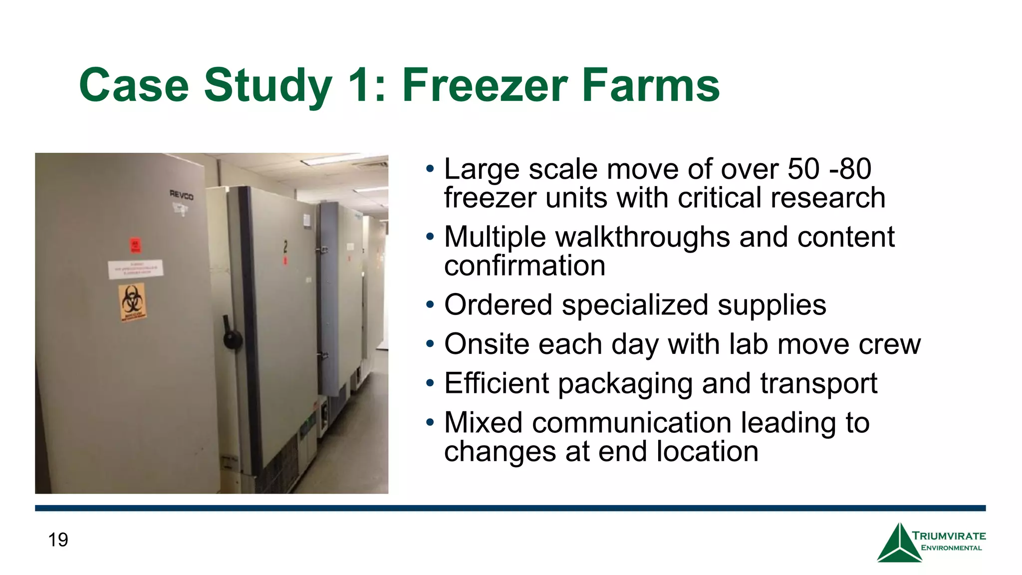 Case Study 1: Freezer Farms
• Large scale move of over 50 -80
freezer units with critical research
• Multiple walkthroughs and content
confirmation
• Ordered specialized supplies
• Onsite each day with lab move crew
• Efficient packaging and transport
• Mixed communication leading to
changes at end location
19
 