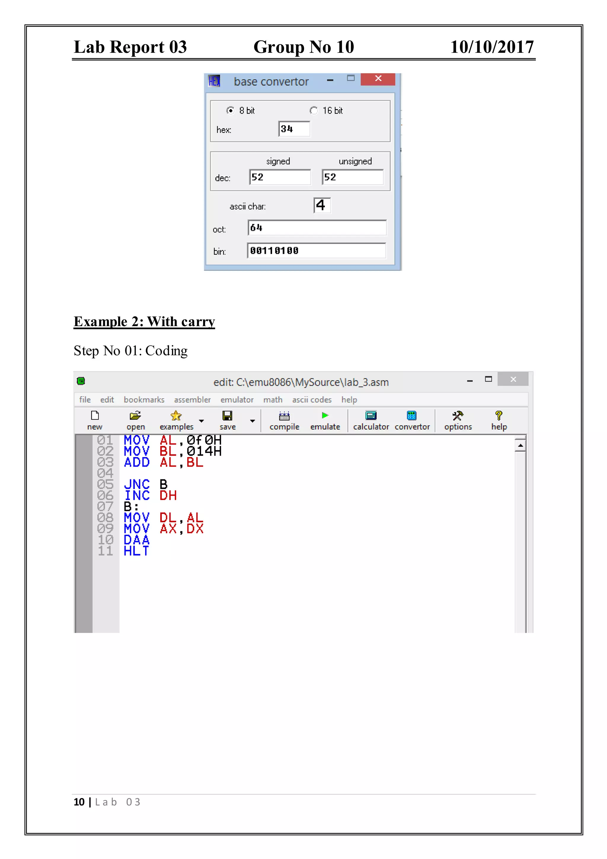 Lab Report 03 Group No 10 10/10/2017 10 | L a b 0 3 Example 2: With carry Step No 01: Coding 