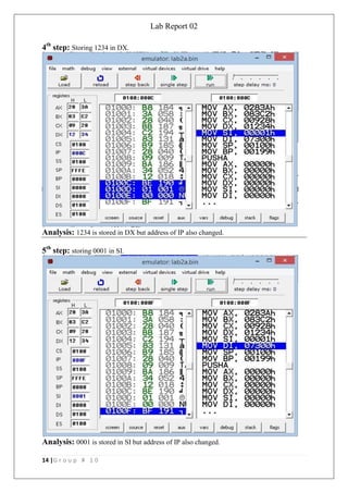 Lab Report 02
14 |G r o u p # 1 0
4th
step: Storing 1234 in DX.
Analysis: 1234 is stored in DX but address of IP also changed.
5th
step: storing 0001 in SI.
Analysis: 0001 is stored in SI but address of IP also changed.
 