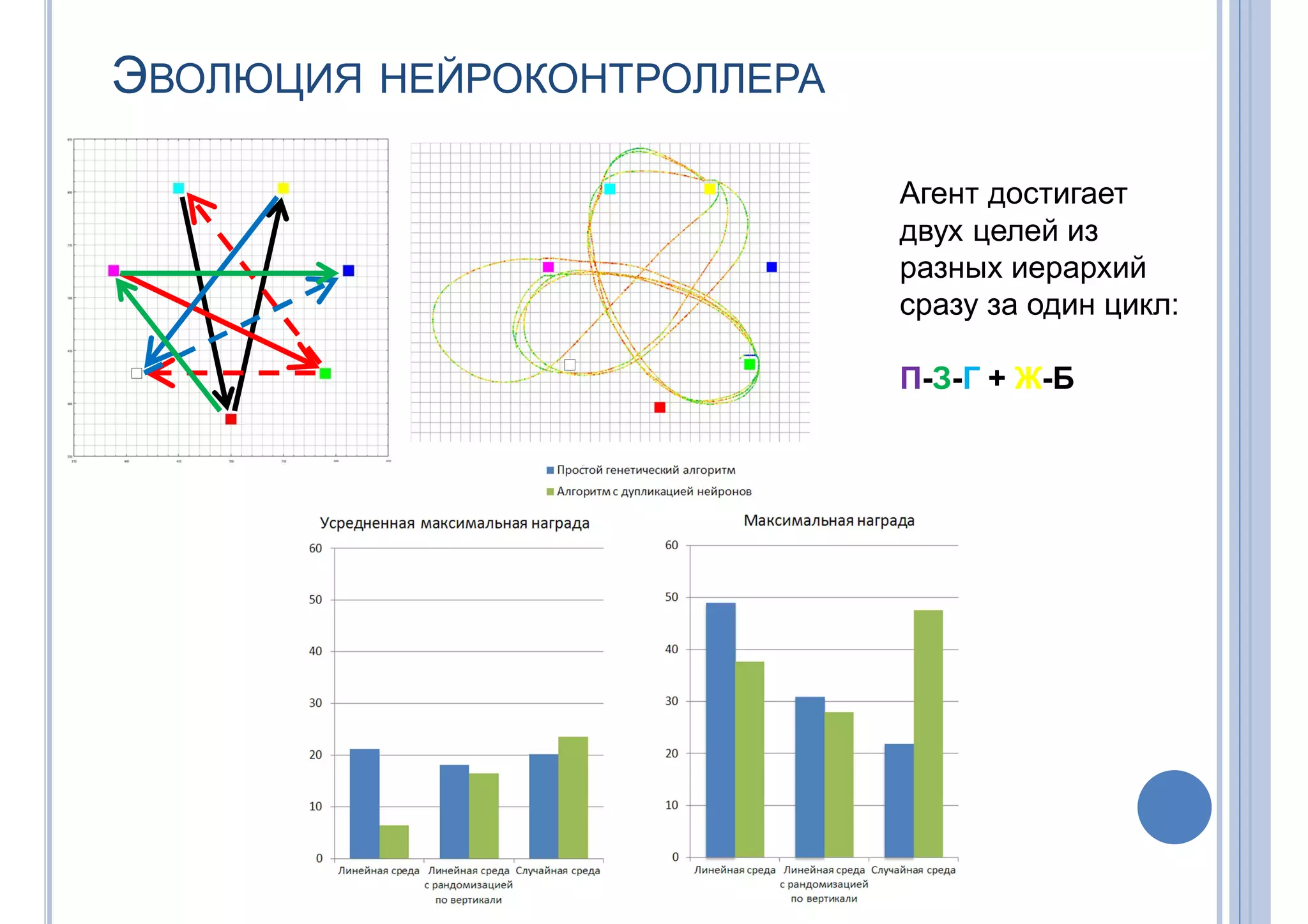 ЭВОЛЮЦИЯ НЕЙРОКОНТРОЛЛЕРА
Агент достигает
двух целей из
разных иерархий
сразу за один цикл:
П-З-Г + Ж-Б
 