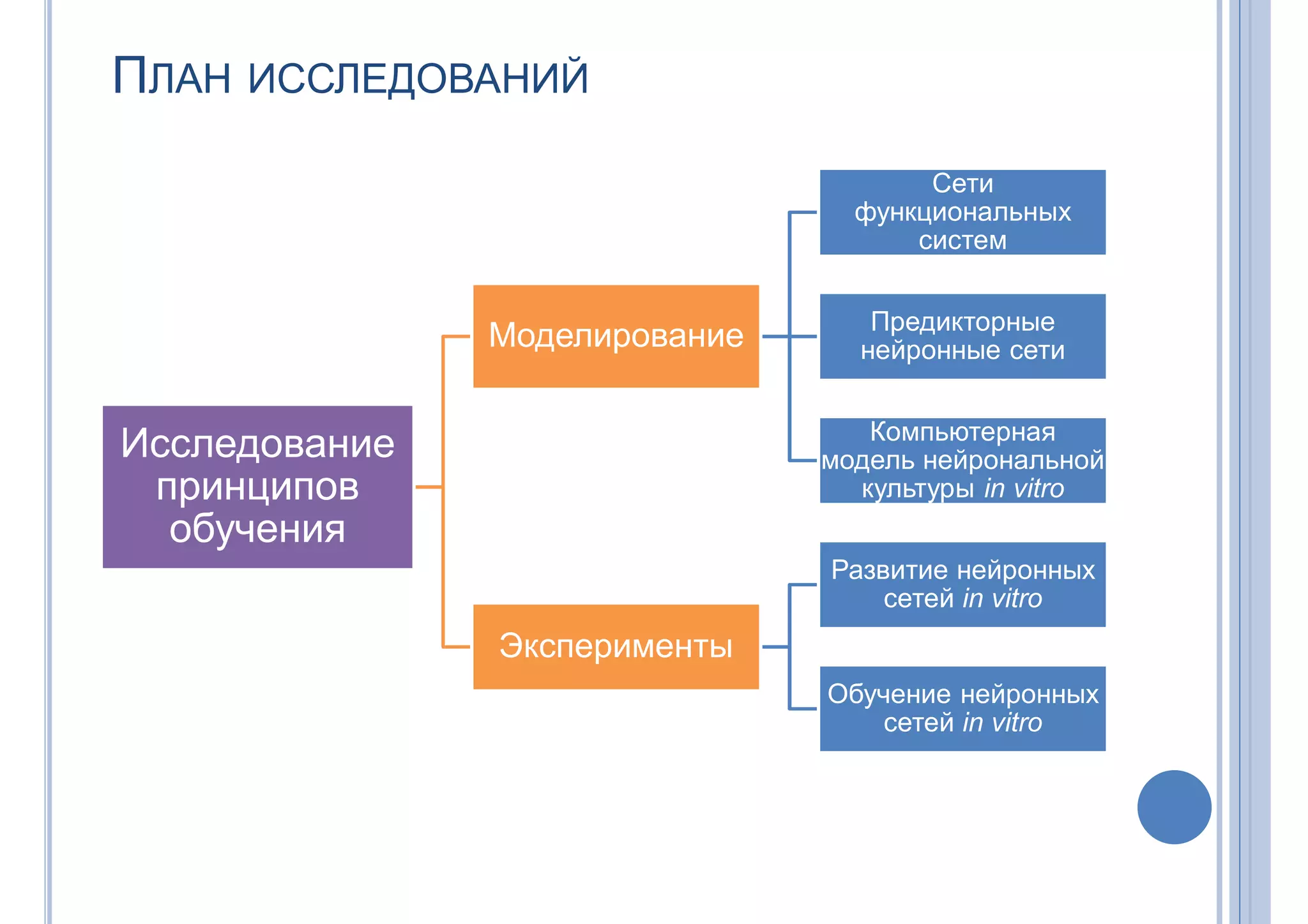 ПЛАН ИССЛЕДОВАНИЙ
Исследование
принципов
обучения
Моделирование
Сети
функциональных
систем
Предикторные
нейронные сети
Компьютерная
модель нейрональной
культуры in vitro
Эксперименты
Развитие нейронных
сетей in vitro
Обучение нейронных
сетей in vitro
 