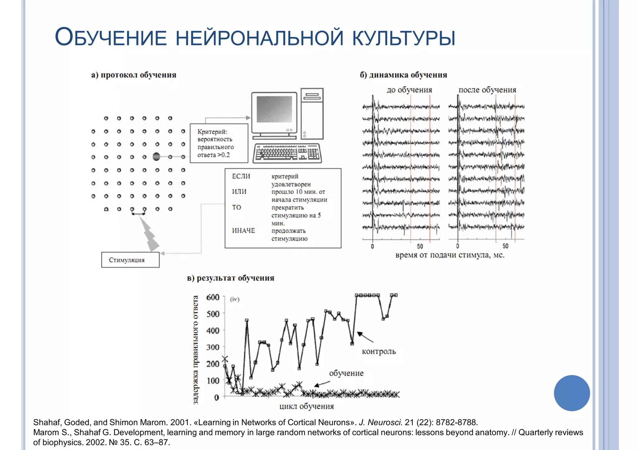 ОБУЧЕНИЕ НЕЙРОНАЛЬНОЙ КУЛЬТУРЫ
Shahaf, Goded, and Shimon Marom. 2001. «Learning in Networks of Cortical Neurons». J. Neurosci. 21 (22): 8782-8788.
Marom S., Shahaf G. Development, learning and memory in large random networks of cortical neurons: lessons beyond anatomy. // Quarterly reviews
of biophysics. 2002. № 35. С. 63–87.
 