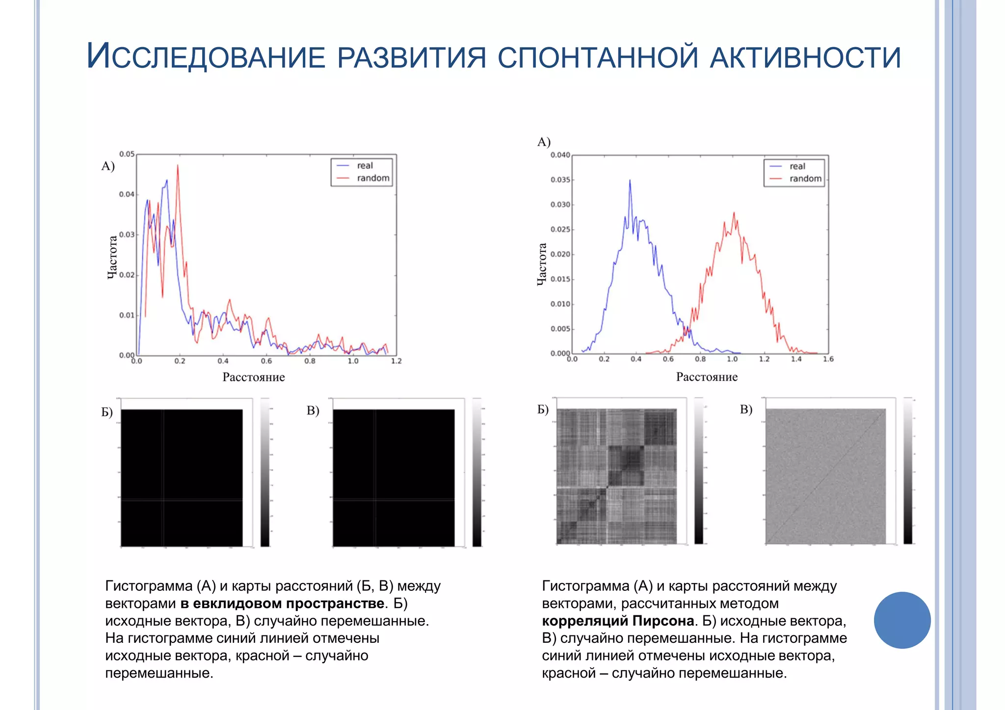 ИССЛЕДОВАНИЕ РАЗВИТИЯ СПОНТАННОЙ АКТИВНОСТИ
Гистограмма (А) и карты расстояний (Б, В) между
векторами в евклидовом пространстве. Б)
исходные вектора, В) случайно перемешанные.
На гистограмме синий линией отмечены
исходные вектора, красной – случайно
перемешанные.
Гистограмма (А) и карты расстояний между
векторами, рассчитанных методом
корреляций Пирсона. Б) исходные вектора,
В) случайно перемешанные. На гистограмме
синий линией отмечены исходные вектора,
красной – случайно перемешанные.
 