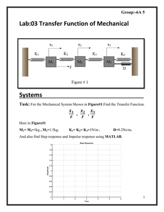 Group:-6A 5
1
Lab:03 Transfer Function of Mechanical
Systems .
Task: For the Mechanical System Shown in Figure#1.Find the Transfer Function.
. .
Here in Figure#1
M1= M3=1kg , M2=1.5kg. K1= K2= K3=1N/m . D=0.2Ns/m.
And also find Step response and Impulse response using MATLAB.
 