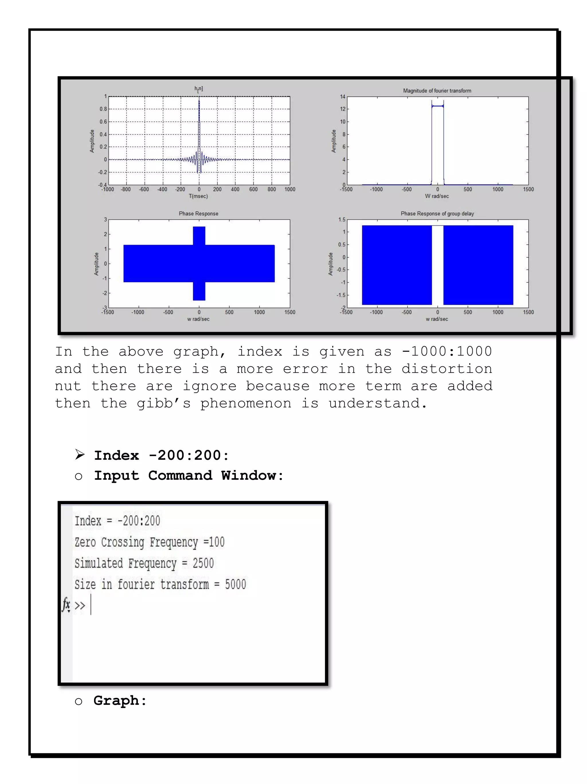 In the above graph, index is given as -1000:1000
and then there is a more error in the distortion
nut there are ignore because more term are added
then the gibb’s phenomenon is understand.
 Index -200:200:
o Input Command Window:
o Graph:
 