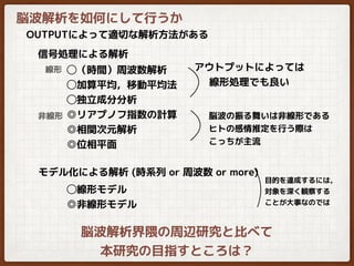 脳波解析を如何にして行うか
OUTPUTによって適切な解析方法がある
◯（時間）周波数解析
◯加算平均，移動平均法
◯独立成分分析
◎リアプノフ指数の計算
◎相関次元解析
◎位相平面
信号処理による解析
モデル化による解析 (時系列 or 周波数 or more)
線形
非線形
◯線形モデル
◎非線形モデル
脳波解析界隈の周辺研究と比べて
本研究の目指すところは？
脳波の振る舞いは非線形である
ヒトの感情推定を行う際は
こっちが主流
アウトプットによっては
線形処理でも良い
目的を達成するには，
対象を深く観察する
ことが大事なのでは
 