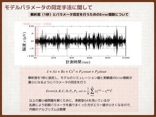 モデルパラメータの同定手法に関して
解析窓（1秒）とパラメータ同定を行うためのError関数について
1秒毎にパラメータ同定
··x + A ·x + Bx + Cx3
= P1cosωt + P2sinωt
解析窓を1秒に設定し，モデルのシミュレーション値と実験値のError関数が
最小になるようにパラメータの同定を行う
Error(A, B, C, D, P1, P2 . ω) =
1
N
N
∑
i=1
(xexp
i
− xsim
i )2
以上の最小値問題を解くために，実数型GAを用いているが
乱数により初期パラメータを振りまくった方がエラー値が小さくなるので，
内側のアルゴリズムは割愛
 