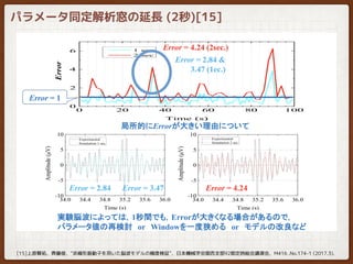 パラメータ同定解析窓の延長 (2秒)[15]
[15]上原賢祐，齊藤俊，”非線形振動子を用いた脳波モデルの精度検証”，日本機械学会関西支部92期定時総会講演会，M416 ,No.174-1 (2017.3).
 