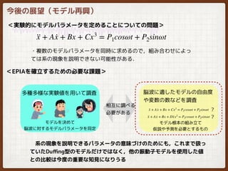 ＜実験的にモデルパラメータを定めることについての問題＞
・複数のモデルパラメータを同時に求めるので，組み合わせによっ
ては系の現象を説明できない可能性がある．
　系の現象を説明できるパラメータの意味づけのためにも，これまで扱っ
ていたDuﬃng型のモデルだけではなく，他の振動子モデルを使用した値
との比較は今度の重要な知見になりうる
··x + A ·x + Bx + Cx3
= P1cosωt + P2sinωt
＜EPIAを確立するための必要な課題＞
多種多様な実験値を用いて調査 脳波に適したモデルの自由度
や変数の数などを調査
··x + A ·x + Bx + Cx3
= P1cosωt + P2sinωt
··x + A ·x + Bx + D··xx2
= P1cosωt + P2sinωt
?
?
モデル根本の組み立て
仮説や予測を必要とするもの
モデルを決めて
脳波に対するモデルパラメータを同定
相互に調べる
必要がある
今後の展望（モデル再興）
 