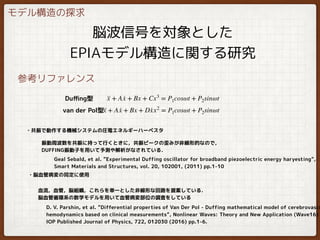 ・共振で動作する機械システムの圧電エネルギーハーベスタ
振動周波数を共振に持って行くときに，共振ピークの歪みが非線形的なので，
DUFFING振動子を用いて予測や解析がなされている．
Geal Sebald, et al. ”Experimental Duffing oscillator for broadband piezoelectric energy haryesting”,
Smart Materials and Structures, vol. 20, 102001, (2011) pp.1-10
··x + A ·x + Bx + Cx3
= P1cosωt + P2sinωt
··x + A ·x + Bx + D·xx2
= P1cosωt + P2sinωt
Duﬃng型
van der Pol型
・脳血管病変の同定に使用
血流，血管，脳組織，これらを単一とした非線形な回路を提案している．
脳血管循環系の数学モデルを用いて血管病変部位の調査をしている
D. V. Parshin, et al. ”Differential properties of Van Der Pol - Duffing mathematical model of cerebrovascu
hemodynamics based on clinical measurements”, Nonlinear Waves: Theory and New Application (Wave16)
IOP Published Journal of Physics, 722, 012030 (2016) pp.1-6.
脳波信号を対象とした
EPIAモデル構造に関する研究
モデル構造の探求
参考リファレンス
 