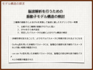 モデル構造の探求
脳波解析を行うための
振動子モデル構造の検討
三種類の振動子によるEPIAを実施して脳波に適したモデリングの一考察
１．比較する三種類の振動子モデルと狙い
２．EPIAを行う条件設定
３．同定したパラメータの比較によるモデル構造の検討
・非線形項を加えることで，よりモデルパラメータに特徴が見られるようになる
・Duﬃng型を用いた非線形パラメータCは，脳電位の強度を表す線形パラメータ
Bとの強い相関が確認された
・van der Pol型を用いた非線形パラメータDは，脳電位の変化率を表す線形パラ
メ
Aとの相関が確認された
 