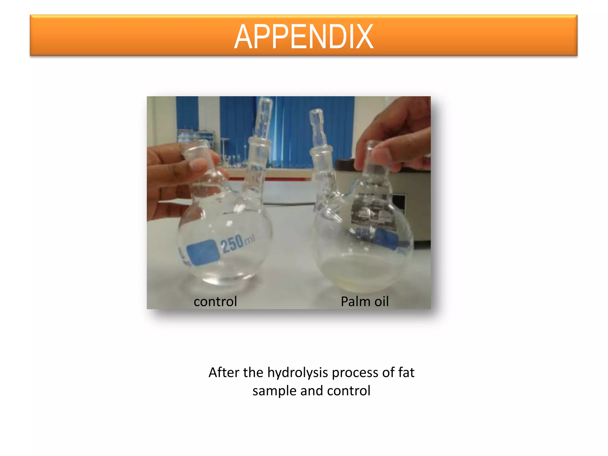APPENDIX
After the hydrolysis process of fat
sample and control
Palm oilcontrol
 