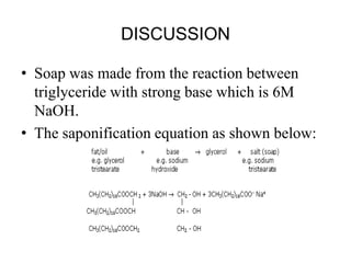 DISCUSSION
• Soap was made from the reaction between
triglyceride with strong base which is 6M
NaOH.
• The saponification equation as shown below:
 