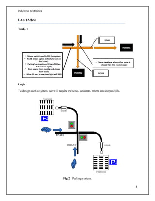 Industrial Electronics
3
LAB TASKS:
Task . 1
Logic:
To design such a system, we will require switches, counters, timers and output coils.
Fig.2 Parking system.
 
