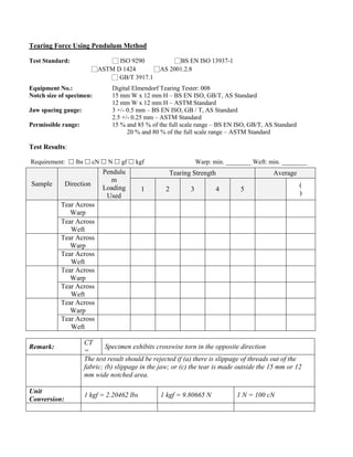 Tearing Force Using Pendulum Method
Test Standard: □ ISO 9290 □BS EN ISO 13937-1
□ASTM D 1424 □AS 2001.2.8
□ GB/T 3917.1
Equipment No.: Digital Elmendorf Tearing Tester: 008
Notch size of specimen: 15 mm W x 12 mm H – BS EN ISO, GB/T, AS Standard
12 mm W x 12 mm H – ASTM Standard
Jaw spacing gauge: 3 +/- 0.5 mm – BS EN ISO, GB / T, AS Standard
2.5 +/- 0.25 mm – ASTM Standard
Permissible range: 15 % and 85 % of the full scale range – BS EN ISO, GB/T, AS Standard
20 % and 80 % of the full scale range – ASTM Standard
Test Results:
Requirement:  lbs  cN  N  gf  kgf Warp: min. ________ Weft: min. ________
Remark:
CT
=
Specimen exhibits crosswise torn in the opposite direction
The test result should be rejected if (a) there is slippage of threads out of the
fabric; (b) slippage in the jaw; or (c) the tear is made outside the 15 mm or 12
mm wide notched area.
Unit
Conversion:
1 kgf = 2.20462 lbs 1 kgf = 9.80665 N 1 N = 100 cN
Sample Direction
Pendulu
m
Loading
Used
Tearing Strength Average
1 2 3 4 5
(
)
Tear Across
Warp
Tear Across
Weft
Tear Across
Warp
Tear Across
Weft
Tear Across
Warp
Tear Across
Weft
Tear Across
Warp
Tear Across
Weft
 