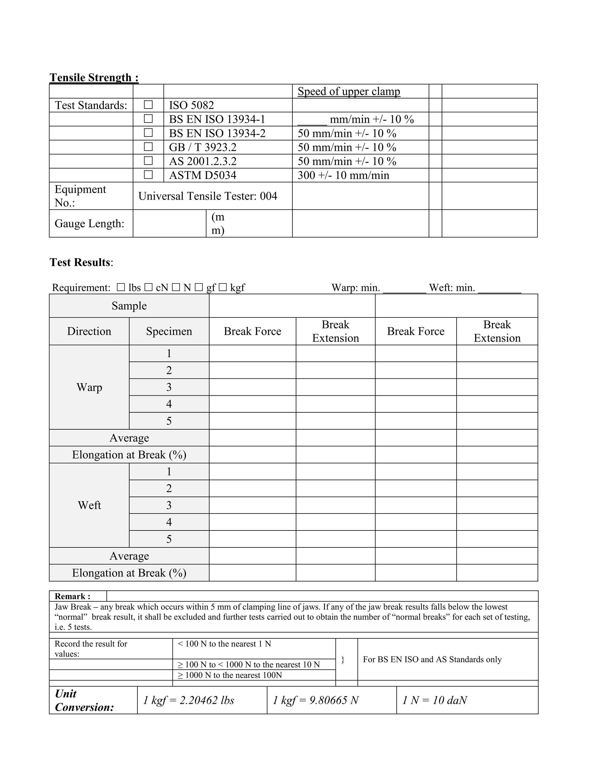 Tensile Strength :
Speed of upper clamp
Test Standards:  ISO 5082
 BS EN ISO 13934-1 _____ mm/min +/- 10 %
 BS EN ISO 13934-2 50 mm/min +/- 10 %
 GB / T 3923.2 50 mm/min +/- 10 %
 AS 2001.2.3.2 50 mm/min +/- 10 %
 ASTM D5034 300 +/- 10 mm/min
Equipment
No.:
Universal Tensile Tester: 004
Gauge Length:
(m
m)
Test Results:
Requirement:  lbs  cN  N  gf  kgf Warp: min. ________ Weft: min. ________
Sample
Direction Specimen Break Force
Break
Extension
Break Force
Break
Extension
Warp
1
2
3
4
5
Average
Elongation at Break (%)
Weft
1
2
3
4
5
Average
Elongation at Break (%)
Remark :
Jaw Break – any break which occurs within 5 mm of clamping line of jaws. If any of the jaw break results falls below the lowest
“normal” break result, it shall be excluded and further tests carried out to obtain the number of “normal breaks” for each set of testing,
i.e. 5 tests.
Record the result for
values:
< 100 N to the nearest 1 N
} For BS EN ISO and AS Standards only
≥ 100 N to < 1000 N to the nearest 10 N
≥ 1000 N to the nearest 100N
Unit
Conversion:
1 kgf = 2.20462 lbs 1 kgf = 9.80665 N 1 N = 10 daN
 