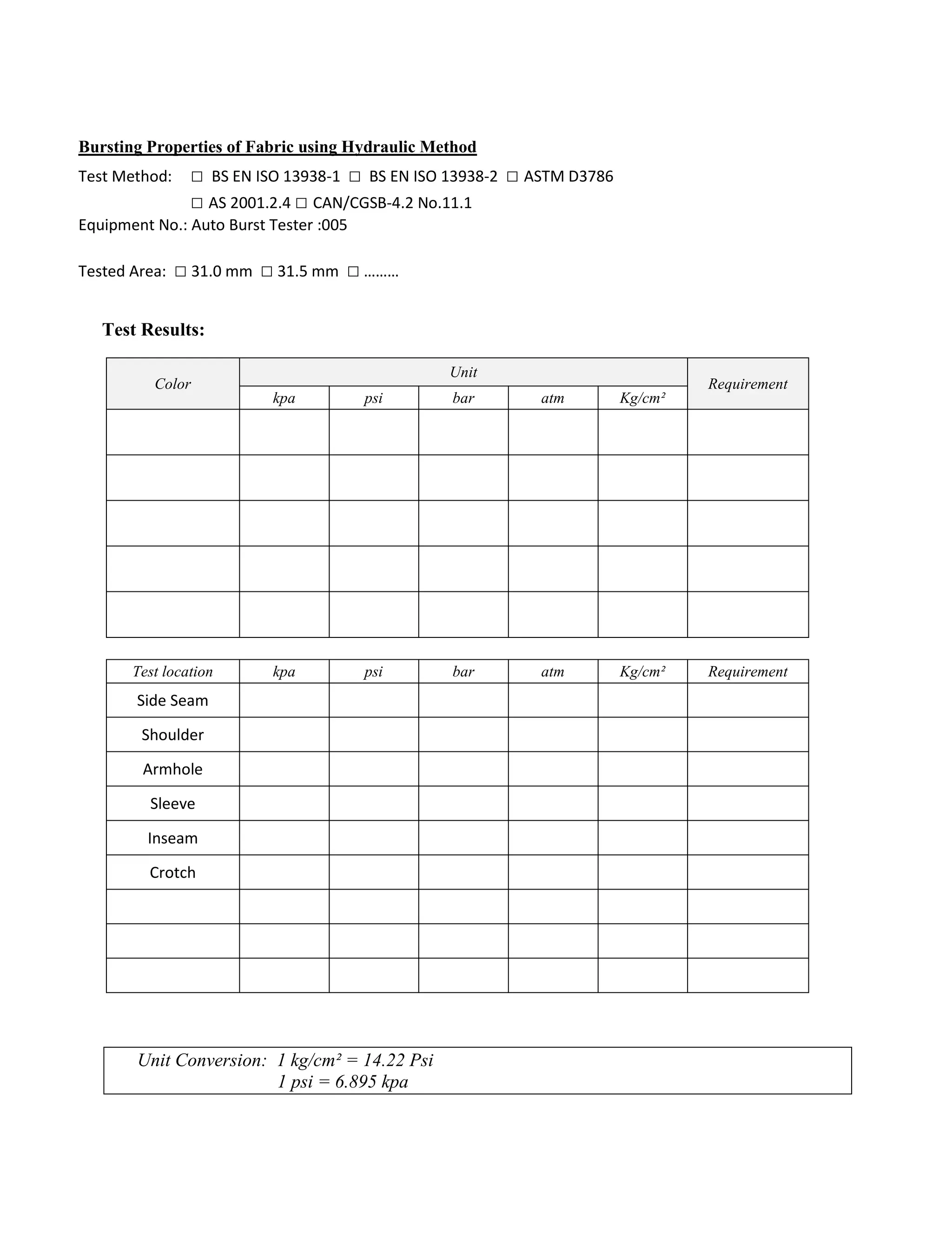 Bursting Properties of Fabric using Hydraulic Method
Test Method: □ BS EN ISO 13938-1 □ BS EN ISO 13938-2 □ ASTM D3786
□ AS 2001.2.4 □ CAN/CGSB-4.2 No.11.1
Equipment No.: Auto Burst Tester :005
Tested Area: □ 31.0 mm □ 31.5 mm □ ………
Test Results:
Color
Unit
Requirement
kpa psi bar atm Kg/cm²
Test location kpa psi bar atm Kg/cm² Requirement
Side Seam
Shoulder
Armhole
Sleeve
Inseam
Crotch
Unit Conversion: 1 kg/cm² = 14.22 Psi
1 psi = 6.895 kpa
 