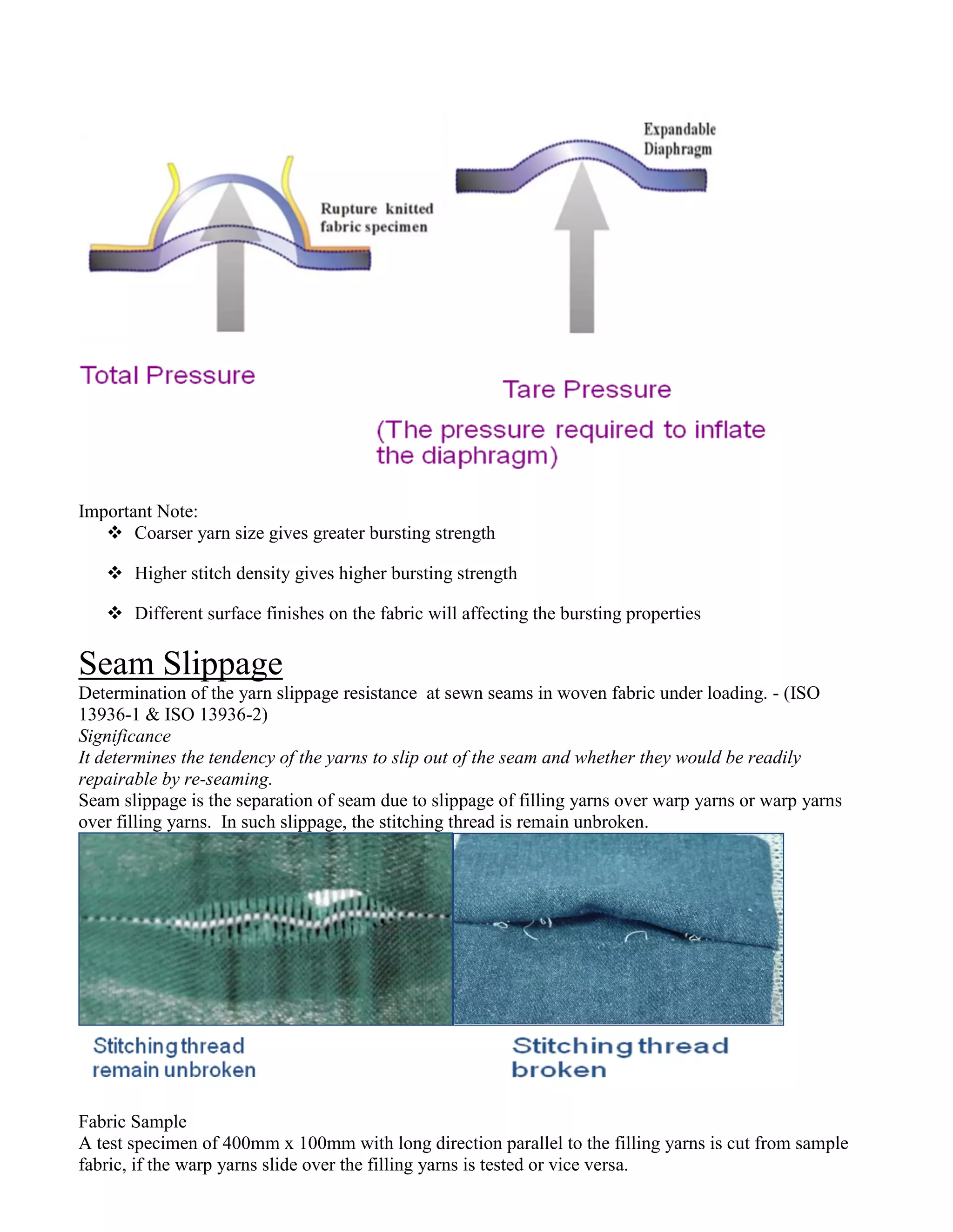 Important Note:
 Coarser yarn size gives greater bursting strength
 Higher stitch density gives higher bursting strength
 Different surface finishes on the fabric will affecting the bursting properties
Seam Slippage
Determination of the yarn slippage resistance at sewn seams in woven fabric under loading. - (ISO
13936-1 & ISO 13936-2)
Significance
It determines the tendency of the yarns to slip out of the seam and whether they would be readily
repairable by re-seaming.
Seam slippage is the separation of seam due to slippage of filling yarns over warp yarns or warp yarns
over filling yarns. In such slippage, the stitching thread is remain unbroken.
Fabric Sample
A test specimen of 400mm x 100mm with long direction parallel to the filling yarns is cut from sample
fabric, if the warp yarns slide over the filling yarns is tested or vice versa.
 