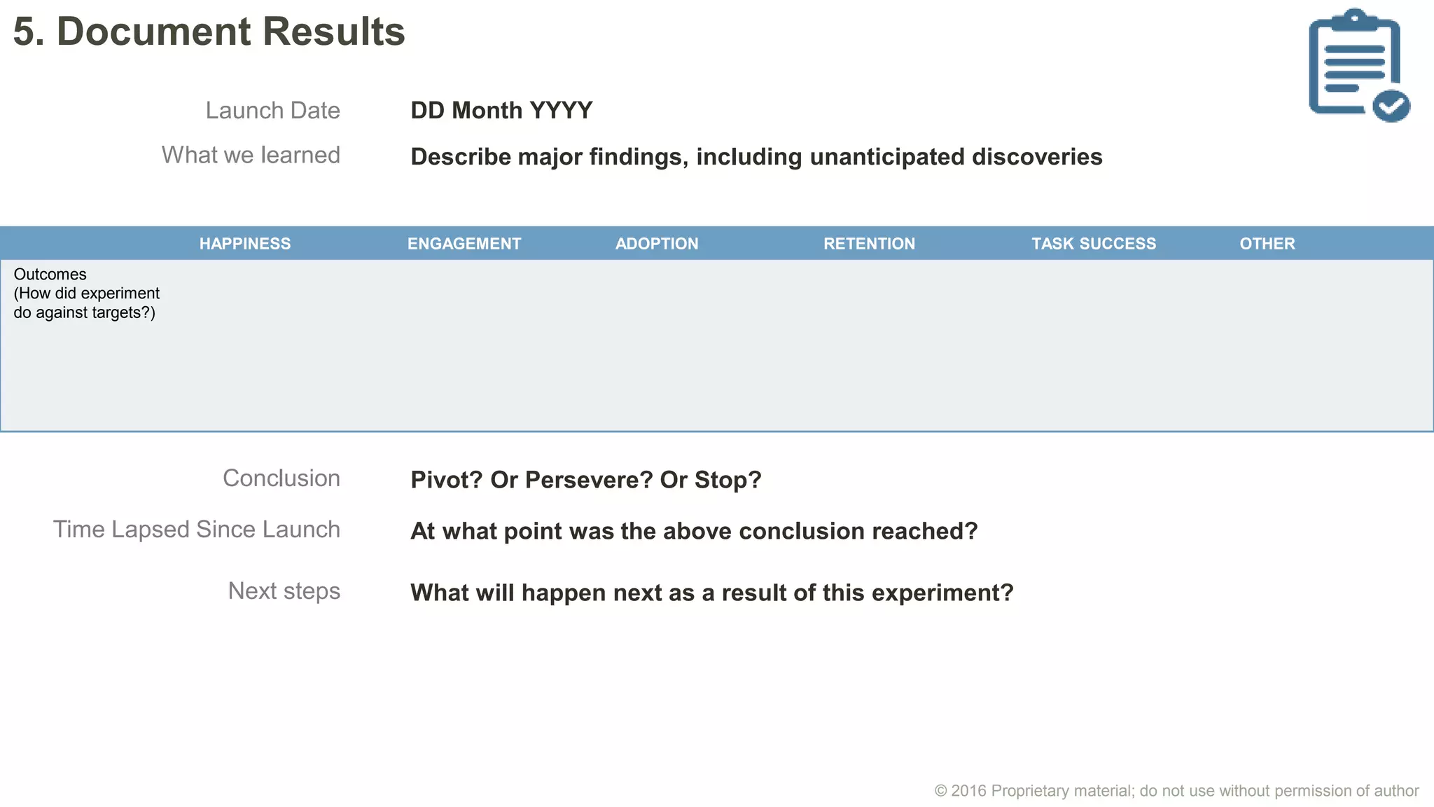 © 2016 Proprietary material; do not use without permission of author
HAPPINESS ENGAGEMENT ADOPTION RETENTION TASK SUCCESS OTHER
Outcomes
(How did experiment
do against targets?)
5. Document Results
What we learned Describe major findings, including unanticipated discoveries
Pivot? Or Persevere? Or Stop?
At what point was the above conclusion reached?Time Lapsed Since Launch
Conclusion
What will happen next as a result of this experiment?Next steps
DD Month YYYYLaunch Date
 