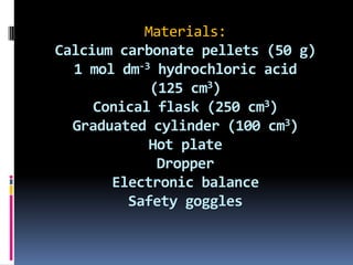 Materials:Calcium carbonate pellets (50 g)1 mol dm-3 hydrochloric acid(125 cm3)Conical flask (250 cm3)Graduated cylinder (100 cm3)Hot plateDropperElectronic balance Safety goggles