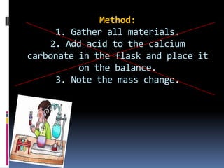 Method: 1. Gather all materials.2. Add acid to the calcium carbonate in the flask and place it on the balance.3. Note the mass change.