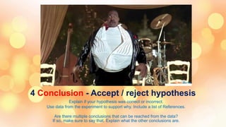 4 Conclusion - Accept / reject hypothesis
Explain if your hypothesis was correct or incorrect.
Use data from the experiment to support why. Include a list of References.
Are there multiple conclusions that can be reached from the data?
If so, make sure to say that. Explain what the other conclusions are.
 