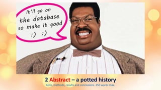 2 Abstract – a potted history
Aims, methods, results and conclusions. 250 words max.
 