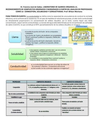 Iti. Francico José de Caldas. LABORATORIO DE QUIMICA ORGANICA.11.
RECONOCIMIENTO DE COMPUESTOS ORGÁNICOS E INORGÁNICOS A PARTIR DEL ANALISIS DE PROPIEDADES
COMO LA COMBUSTION, SOLUBILIDAD Y CONDUCTIVIDAD. Prof: Wilson Montana
PARA TENER EN CUENTA: La conductividad se define como la capacidad de una sustancia de conducir la corriente
eléctrica y es lo contrario de la resistencia. En el caso de medidas en solucionesacuosas, el valor de la conductividad
es directamente proporcional a la concentración de sólidos disueltos, por lo tanto, cuanto mayor sea dicha
concentración, mayor será la conductividad. La dureza del agua está determinada por la concentración de carbonato
de calcio (CaCO3), la que constituye el 90% aproximadamente de los sólidos disueltos en el agua.
 