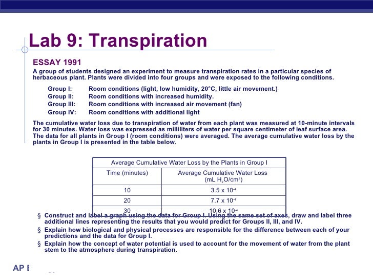 ap bio transpiration essay Lab 11 rates of transpiration rates of transpiration were measured on the amount of water lost by the the science of biology sunderland, ma: sinauer. ap bio transpiration essay Lab 11 rates of transpiration rates of transpiration were measured on the amount of water lost by the the science of biology sunderland, ma: sinauer.