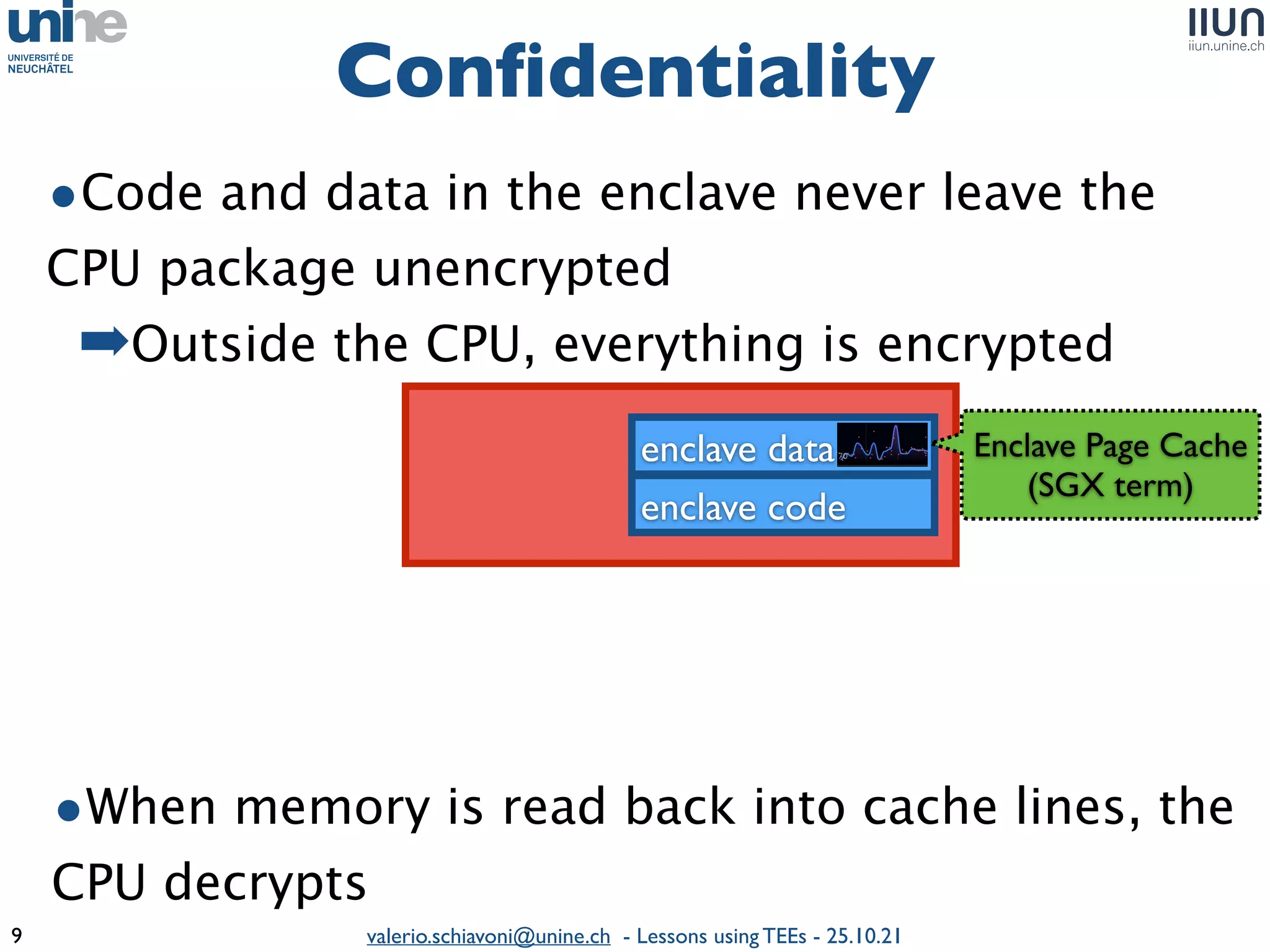 valerio.schiavoni@unine.ch - Lessons using TEEs - 25.10.21
•Code and data in the enclave never leave the
CPU package unencrypte
d

➡Outside the CPU, everything is encrypted
Con
fi
dentiality
9
enclave code
enclave data
•When memory is read back into cache lines, the
CPU decrypts
Enclave Page Cach
e

(SGX term)
 
