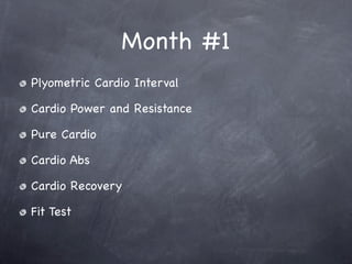 Month #1
Plyometric Cardio Interval

Cardio Power and Resistance

Pure Cardio

Cardio Abs

Cardio Recovery

Fit Test
 