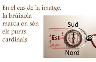 En el cas de la imatge,
la brúixola
marca on són
els punts
cardinals.
Sud
Est Oest
Nord
 