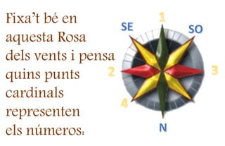 Fixa’t bé en
aquesta Rosa
dels vents i pensa
quins punts
cardinals
representen
els números:
 