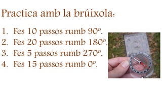 Practica amb la brúixola:
1. Fes 10 passos rumb 90º.
2. Fes 20 passos rumb 180º.
3. Fes 5 passos rumb 270º.
4. Fes 15 passos rumb 0º.
 