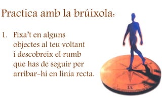 Practica amb la brúixola:
1. Fixa’t en alguns
objectes al teu voltant
i descobreix el rumb
que has de seguir per
arribar-hi en línia recta.
 
