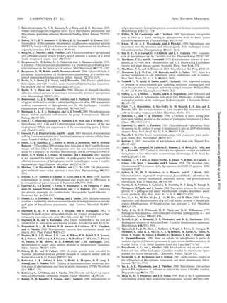 1886       LABROUSSAA ET AL.                                                                                                             APPL. ENVIRON. MICROBIOL.

 7. Balasubramanian, S., T. R. Kannan, P. J. Hart, and J. B. Baseman. 2009.                 a Spiroplasma citri hydrophilic protein associated with insect transmissibility.
    Amino acid changes in elongation factor Tu of Mycoplasma pneumoniae and                 Microbiology 152:1221–1230.
    Mycoplasma genitalium inﬂuence ﬁbronectin binding. Infect. Immun. 77:3533–        32.   Killiny, N., M. Castroviejo, and C. Saillard. 2005. Spiroplasma citri spiralin
    3541.                                                                                   acts in vitro as a lectin binding to glycoproteins from its insect vector
 8. Balish, M. F., R. T. Santurri, A. M. Ricci, K. K. Lee, and D. C. Krause. 2003.          Circulifer haematoceps. Phytopathology 95:541–548.
    Localization of Mycoplasma pneumoniae cytadherence-associated protein             33.   Kwon, M. O., A. C. Wayadande, and J. Fletcher. 1999. Spiroplasma citri
    HMW2 by fusion with green ﬂuorescent protein: implications for attachment               movement into the intestines and salivary glands of its leafhopper vector,
    organelle structure. Mol. Microbiol. 47:49–60.                                          Circulifer tenellus. Phytopathology 89:1144–1151.
 9. Berg, M., U. Melcher, and J. Fletcher. 2001. Characterization of Spiroplasma      34.   Liu, H. Y., D. J. Gumpf, G. N. Oldﬁeld, and E. C. Calavan. 1983. Transmis-
    citri adhesion related protein SARP1, which contains a domain of a novel                sion of Spiroplasma citri by Circulifer tenellus. Phytopathology 73:582–585.
    family designated sarpin. Gene 275:57–64.                                         35.   Markham, P. G., and R. Townsend. 1979. Environmental vectors of spiro-
10. Bergmann, S., M. Rohde, G. S. Chhatwal, and S. Hammerschmidt. 2001.                     plasma, p. 413–446. In K. Maramorosch and K. F. Harris (ed.), Leafhopper
    ␣-Enolase of Streptococcus pneumoniae is a plasmin(ogen)-binding pro-                   vectors and plant disease agents. Academic Press, New York, NY.
    tein displayed on the bacterial cell surface. Mol. Microbiol. 40:1273–1287.       36.   Markham, P. G., and R. Townsend. 1981. Spiroplasmas. Sci. Prog. 67:43–68.
11. Bergmann, S., M. Rohde, and S. Hammerschmidt. 2004. Glyceraldehyde-3-             37.   Moroianu, J., J. W. Fett, J. F. Riordan, and B. L. Vallee. 1993. Actin is a
    phosphate dehydrogenase of Streptococcus pneumoniae is a surface-dis-                   surface component of calf pulmonary artery endothelial cells in culture.
    played plasminogen-binding protein. Infect. Immun. 72:2416–2419.                        Proc. Natl. Acad. Sci. U. S. A. 90:3815–3819.
12. Berho, N., S. Duret, J. L. Danet, and J. Renaudin. 2006. Plasmid pSci6 from       38.   Neuhoff, V., N. Arold, D. Taube, and W. Ehrhardt. 1988. Improved staining
    Spiroplasma citri GII-3 confers insect transmissibility to the non-transmissi-          of proteins in polyacrylamide gels including isoelectric focusing gels with
    ble strain S. citri 44. Microbiology 152:2703–2716.                                     clear background at nanogram sensitivity using Coomassie Brilliant Blue
13. Berho, N., S. Duret, and J. Renaudin. 2006. Absence of plasmids encoding                G-250 and R-250. Electrophoresis 9:255–262.
    adhesion-related proteins in non-insect-transmissible strains of Spiroplasma      39.   Ozbek, E., S. A. Miller, T. Meulia, and S. A. Hogenhout. 2003. Infection and
    citri. Microbiology 152:873–886.                                                        replication sites of Spiroplasma kunkelii (Class: Mollicutes) in midgut and
14. Boutareaud, A., J. L. Danet, M. Garnier, and C. Saillard. 2004. Disruption              malpighian tubules of the leafhopper Dalbulus maidis. J. Invertebr. Pathol.
    of a gene predicted to encode a solute binding protein of an ABC transporter            82:167–175.
    reduces transmission of Spiroplasma citri by the leafhopper Circulifer            40.   Ozeri, V., I. Rosenshine, A. Ben-Ze’Ev, G. M. Bokoch, T. S. Jou, and E.
    haematoceps. Appl. Environ. Microbiol. 70:3960–3967.                                    Hanski. 2001. De novo formation of focal complex-like structures in host
15. Burnham, C. A., S. E. Shokoples, and G. J. Tyrrell. 2005. Phosphoglycerate              cells by invading streptococci. Mol. Microbiol. 41:561–573.




                                                                                                                                                                               Downloaded from aem.asm.org at INRA on April 6, 2010
    kinase inhibits epithelial cell invasion by group B streptococci. Microb.         41.   Pancholi, V., and V. A. Fischetti. 1998. ␣-Enolase, a novel strong plas-
    Pathog. 38:189–200.                                                                     min(ogen) binding protein on the surface of pathogenic streptococci. J. Biol.
16. Citti, C., L. Marechal-Drouard, C. Saillard, J. H. Weil, and J. M. Bove. 1992.          Chem. 273:14503–14515.
    Spiroplasma citri UGG and UGA tryptophan codons: sequence of the two
                                                                                      42.   Pancholi, V., and V. A. Fischetti. 1993. Glyceraldehyde-3-phosphate dehy-
    tryptophanyl-tRNAs and organization of the corresponding genes. J. Bacte-
                                                                                            drogenase on the surface of group A streptococci is also an ADP-ribosylating
    riol. 174:6471–6478.
                                                                                            enzyme. Proc. Natl. Acad. Sci. U. S. A. 90:8154–8158.
17. Cossart, P., J. Pizarro-Cerda, and M. Lecuit. 2003. Invasion of mammalian
                                                                                      43.   Purcell, A. H. 1982. Insect vector relationships with procaryotic plant-patho-
    cells by Listeria monocytogenes: functional mimicry to subvert cellular func-
                                                                                            gens. Annu. Rev. Phytopathol. 20:397–417.
    tions. Trends Cell Biol. 13:23–31.
                                                                                      44.   Rottem, S. 2003. Interaction of mycoplasmas with host cells. Physiol. Rev.
18. Duret, S., B. Batailler, J. L. Danet, L. Beven, J. Renaudin, and N. Arricau-
                                                                                            83:417–432.
    Bouvery. 17 December 2009, posting date. Infection of the Circulifer haema-
                                                                                      45.   Saglio, P., M. Lhospital, M. Laﬂeche, G. Dupont, J. M. Bove, J. G. Tully, and
                                                                                                                              `                            ´
    toceps cell line Ciha-1 by Spiroplasma citri: the non insect-transmissible
                                                                                            E. A. Freundt. 1971. Culture in vitro des mycoplasmes associes au stubborn
                                                                                                                                                             ´
    strain 44 is impaired in invasion. Microbiology. doi:10.1099/mic.0.035063-0.
                                                                                            des agrumes et leur observation au microscope electronique. C. R. Acad. Sci.
19. Duret, S., N. Berho, J. L. Danet, M. Garnier, and J. Renaudin. 2003. Spiralin
                                                                                            Paris 272:1387–1390.
    is not essential for helicity, motility, or pathogenicity but is required for
    efﬁcient transmission of Spiroplasma citri by its leafhopper vector Circulifer    46.   Saillard, C., P. Carle, S. Duret-Nurbel, R. Henri, N. Killiny, S. Carrere, J.
    haematoceps. Appl. Environ. Microbiol. 69:6225–6234.                                    Gouzy, J. M. Bove, J. Renaudin, and X. Foissac. 2008. The abundant extra-
20. Fletcher, J., A. Wayadande, U. Melcher, and F. C. Ye. 1998. The phytopatho-             chromosomal DNA content of the Spiroplasma citri GII3-3X genome. BMC
    genic mollicute-insect vector interface: a closer look. Phytopathology 88:1351–         Genomics 9:195.
    1358.                                                                             47.   Seifert, K. N., W. P. McArthur, A. S. Bleiweis, and L. J. Brady. 2003.
21. Foissac, X., C. Saillard, J. Gandar, L. Zreik, and J. M. Bove. 1996. Spiralin           Characterization of group B streptococcal glyceraldehyde-3-phosphate de-
    polymorphism in strains of Spiroplasma citri is not due to differences in               hydrogenase: surface localization, enzymatic activity, and protein-protein
    posttranslational palmitoylation. J. Bacteriol. 178:2934–2940.                          interactions. Can. J. Microbiol. 49:350–356.
22. Guerrier, L., S. Claverol, F. Fortis, S. Rinalducci, A. M. Timperio, P. Anto-     48.   Suzuki, S., K. Oshima, S. Kakizawa, R. Arashida, H. Y. Jung, Y. Yamaji, H.
    nioli, M. Jandrot-Perrus, E. Boschetti, and P. G. Righetti. 2007. Exploring             Nishigawa, M. Ugaki, and S. Namba. 2006. Interaction between the membrane
    the platelet proteome via combinatorial, hexapeptide ligand libraries. J.               protein of a pathogen and insect microﬁlament complex determines insect-
    Proteome Res. 6:4290–4303.                                                              vector speciﬁcity. Proc. Natl. Acad. Sci. U. S. A. 103:4252–4257.
23. Hames, C., S. Halbedel, O. Schilling, and J. Stulke. 2005. Multiple-mutation      49.   Tan, C., S. Fu, M. Liu, M. Jin, J. Liu, W. Bei, and H. Chen. 2008. Cloning,
    reaction: a method for simultaneous introduction of multiple mutations into the         expression and characterization of a cell wall surface protein, 6-phosphoglu-
    glpK gene of Mycoplasma pneumoniae. Appl. Environ. Microbiol. 71:4097–                  conate-dehydrogenase, of Streptococcus suis serotype 2. Vet. Microbiol.
    4100.                                                                                   130:363–370.
24. Hayward, R. D., P. J. Hum, E. J. McGhie, and V. Koronakis. 2002. A                50.   Tully, J. G., R. F. Whitcomb, H. F. Clark, and D. L. Williamson. 1977.
    Salmonella SipB-derived polypeptide blocks the ‘trigger’ mechanism of bac-              Pathogenic mycoplasmas: cultivation and vertebrate pathogenicity of a new
    terial entry into eukaryotic cells. Mol. Microbiol. 45:1715–1727.                       spiroplasma. Science 195:892–894.
25. Hayward, R. D., and V. Koronakis. 2002. Direct modulation of the host cell        51.   Tyrrell, G. J., A. Kennedy, S. E. Shokoples, and R. K. Sherburne. 2002.
    cytoskeleton by Salmonella actin-binding proteins. Trends Cell Biol. 12:15–20.          Binding and invasion of HeLa and MRC-5 cells by Streptococcus agalactiae.
26. Hogenhout, S. A., K. Oshima, E.-D. Ammar, S. Kakizawa, H. N. Kingdom,                   Microbiology 148:3921–3931.
    and S. Namba. 2008. Phytoplasmas: bacteria that manipulate plants and             52.   Vignault, J. C., J. M. Bove, C. Saillard, R. Vogel, A. Farro, L. Venegas, W.
                                                                                                                       ´
    insects. Mol. Plant Pathol. 9:403–423.                                                  Stemmer, S. Aoki, R. E. McCoy, A. S. Al-beldawi, M. Larue, O. Tuzco, M.
27. Hughes, M. J., J. C. Moore, J. D. Lane, R. Wilson, P. K. Pribul, Z. N. Younes,          Ozan, A. Nhami, M. Abassi, J. Bonﬁls, G. Moutous, A. Fos, F. Poutiers, and
    R. J. Dobson, P. Everest, A. J. Reason, J. M. Redfern, F. M. Greer, T. Paxton,          G. Viennot-Bourgin. 1980. Mise en culture de spiroplasmes ` partir de
                                                                                                                                                                a
    M. Panico, H. R. Morris, R. G. Feldman, and J. D. Santangelo. 2002.                     materiel vegetal et d’insectes provenant de pays circum mediterraneens et du
                                                                                                ´      ´ ´                                               ´        ´
    Identiﬁcation of major outer surface proteins of Streptococcus agalactiae.              Proche Orient. C. R. Hebd. Seances Acad. Sci. Paris 290:775–780.
    Infect. Immun. 70:1254–1259.                                                      53.   Wayadande, A. C., and J. Fletcher. 1998. Development and use of an estab-
28. Isberg, R. R., and S. Falkow. 1985. A single genetic locus encoded by                   lished cell line of the leafhopper Circulifer tenellus to characterize Spiro-
    Yersinia pseudotuberculosis permits invasion of cultured animal cells by                plasma citri-vector interactions. J. Invertebr. Pathol. 72:126–131.
    Escherichia coli K-12. Nature 317:262–264.                                        54.   Yavlovich, A., H. Rechnitzer, and S. Rottem. 2007. Alpha-enolase resides on
29. Kakizawa, S., K. Oshima, Y. Ishii, A. Hoshi, K. Maejima, H. Y. Jung, Y.                 the cell surface of Mycoplasma fermentans and binds plasminogen. Infect.
    Yamaji, and S. Namba. 2009. Cloning of immunodominant membrane pro-                     Immun. 75:5716–5719.
    tein genes of phytoplasmas and their in planta expression. FEMS Microbiol.        55.   Yu, J., A. C. Wayadande, and J. Fletcher. 2000. Spiroplasma citri surface
    Lett. 293:92–101.                                                                       protein P89 implicated in adhesion to cells of the vector Circulifer tenellus.
30. Kakizawa, S., K. Oshima, and S. Namba. 2006. Diversity and functional impor-            Phytopathology 90:716–722.
    tance of phytoplasma membrane proteins. Trends Microbiol. 14:254–256.             56.   Zhou, D., M. S. Mooseker, and J. E. Galan. 1999. Role of the S. typhimurium
31. Killiny, N., B. Batailler, X. Foissac, and C. Saillard. 2006. Identiﬁcation of          actin-binding protein SipA in bacterial internalization. Science 283:2092–2095.
 