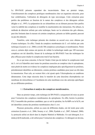Chapitre 4


Le   BN-PAGE       présente     cependant   des    inconvénients.   Dans   un   premier     temps,
l’enrichissement des complexes protéiques membranaires chez un organisme nécessite, pour
leur solubilisation, l’utilisation de détergents de type non-ionique. Cette extraction pose
parfois des problèmes en fonction de la nature des complexes et des détergents utilisés
(Kügler et al., 1997). La préparation de ces échantillons est un élément pouvant faire parfois
varier la stabilité des complexes et modifier la stœchiométrie des interactions. Par ailleurs, la
méthode de détection utilisée par cette technique, basée sur la coloration des gels obtenus,
peut être limitante dans la mesure où certains complexes, présents en faible quantité, peuvent
ne pas être détectés.
       Toutefois, cette technique présente des résultats en accord avec ceux obtenus par
d’autres techniques. En effet, l’étude du complexe membranaire de E. coli réalisée par cette
technique (Lasserre et al., 2006) a révélé 306 complexes cytosoliques et membranaires. Parmi
ceux-ci, certains déjà connus ont permis de valider la technologie tandis que 109 nouveaux
complexes ont été identifiés, faisant de la technique de BN-PAGE l’une des techniques les
plus efficaces pour étudier le complexome total d’une bactérie.
       En ce qui nous concerne, le but de l’étude n’était pas de réaliser le complexome total
de S. citri et d’identifier ainsi toutes les protéines associées en complexe chez le spiroplasme,
mais plutôt de mettre en évidence les complexes impliquant plus spécifiquement les protéines,
précédemment identifiées au laboratoire, comme protéines candidates pour jouer un rôle dans
la transmission. Pour cela, un western blot a été ajouté après l’électrophorèse en conditions
dénaturantes. Cette étape nécessite donc le transfert de cette deuxième électrophorèse sur
membrane de nitrocellulose et l’incubation de cette membrane avec des anticorps spécifiques
de ces différentes protéines.


            1.1. Extraction et analyse des complexes membranaires.

       Dans un premier temps, cette technique de BN-PAGE a uniquement été mise au point
pour l’extraction des complexes membranaires du spiroplasme. En effet, hormis la protéine
P32, l’ensemble des protéines candidates, que ce soit la spiraline, les ScARPs ou la Sc76, ont
été identifiées comme des protéines membranaires chez S. citri.
       Plusieurs protocoles, utilisés au cours de différentes études, ont été testés pour cette
extraction (Lasserre et al., 2006; Swamy et al., 2006; Pyndiah et al., 2007; Schamel, 2008).
Le protocole utilisé est décrit dans le chapitre Matériel et Méthodes. Un seul détergent, le n-
dodecyl-β-D-maltoside, a été utilisé pour l’extraction des complexes. Ce détergent est devenu,

                                                  91
 